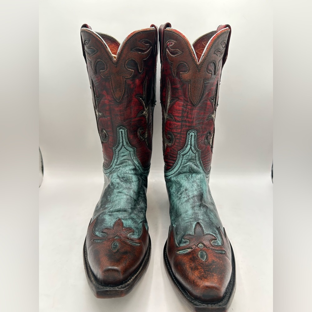 Lucchese Women’s Western Cowboy Boots Red Teal & Brown Distressed Leather Size 7 - Picture 6 of 17